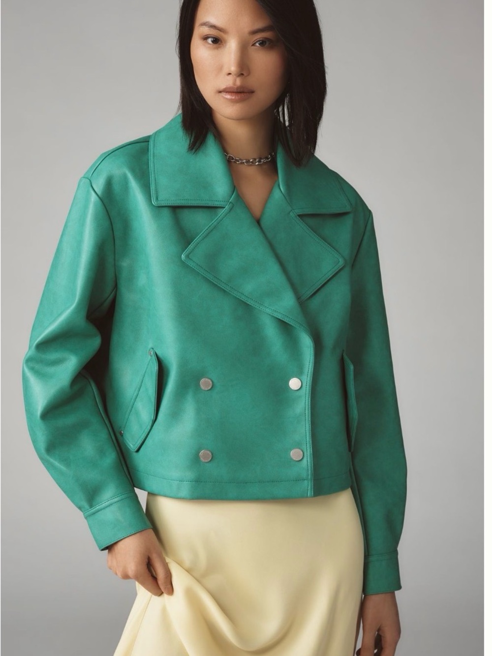 Avec Les Filles Cropped Faux Leather Peacoat Jacket